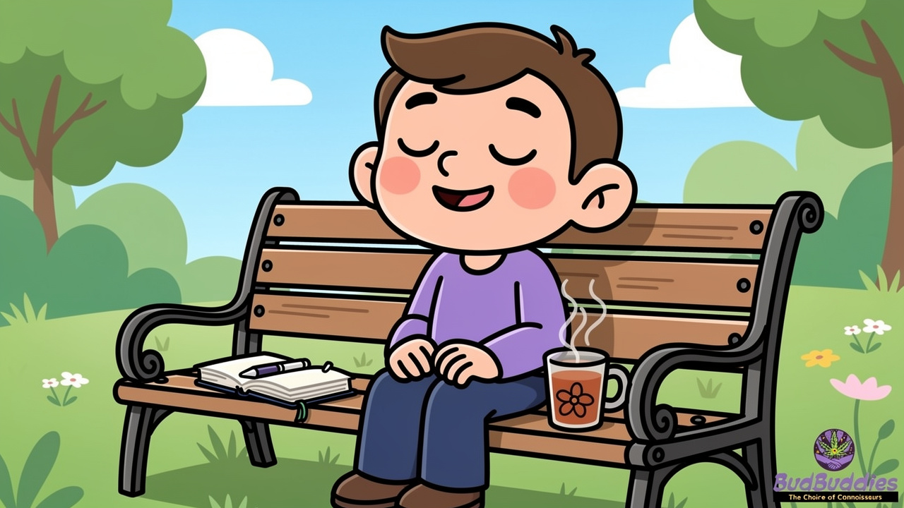 Cartoon character practising calm breathing outdoors