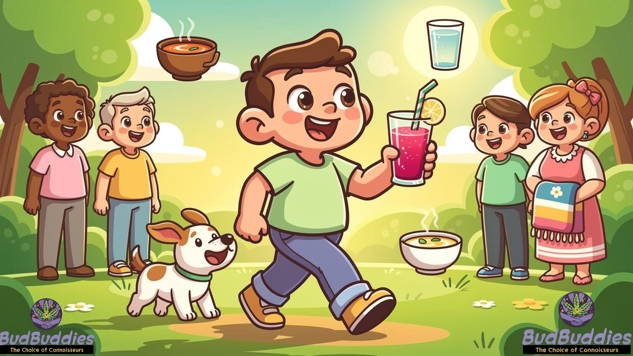 Cartoon self-care routine managing withdrawal mood and appetite