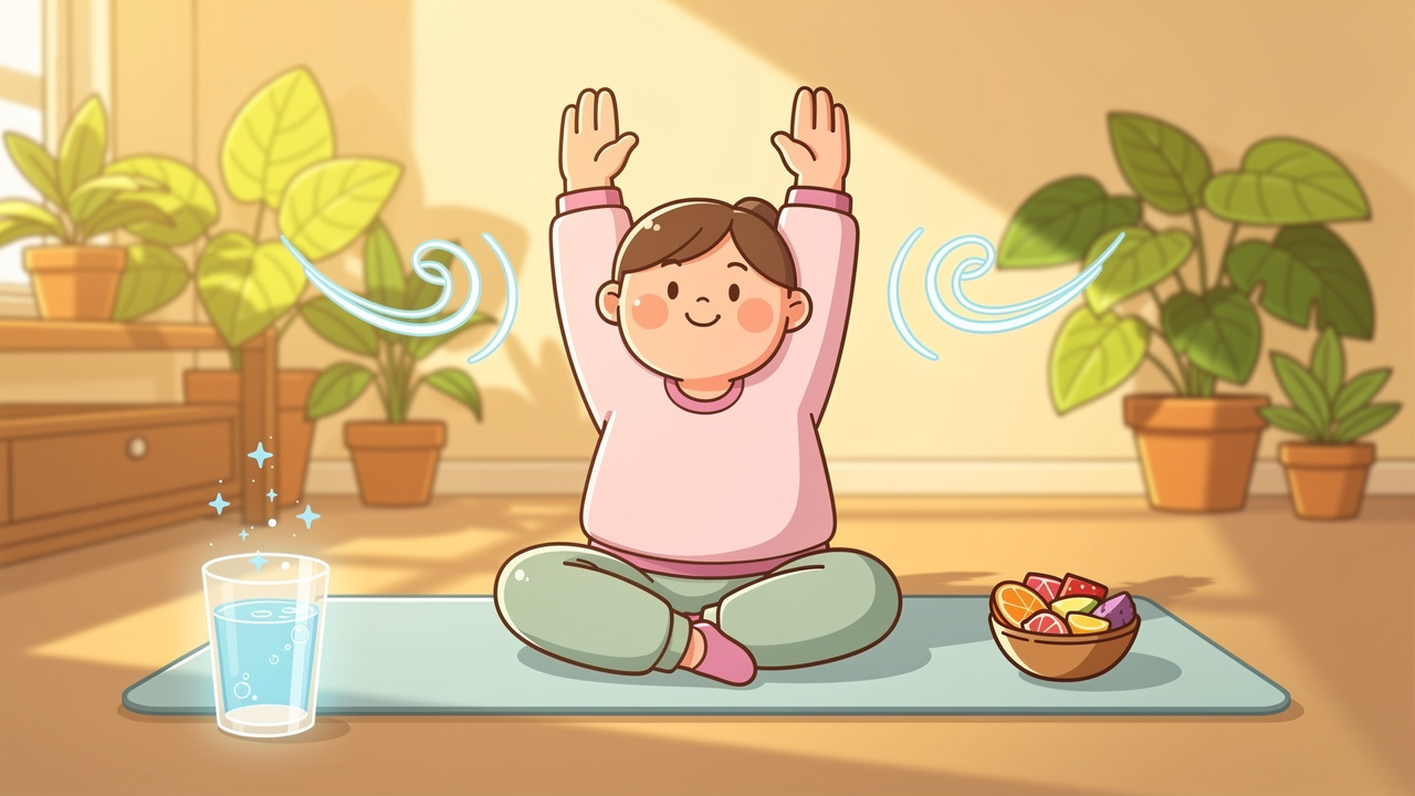 Cartoon character calmly stretching and drinking water