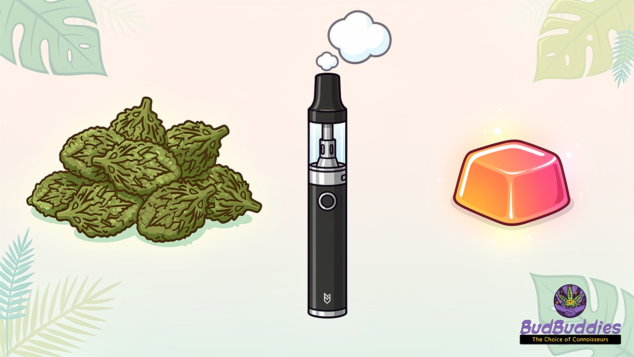 Cartoon comparison of flower vape and edible formats