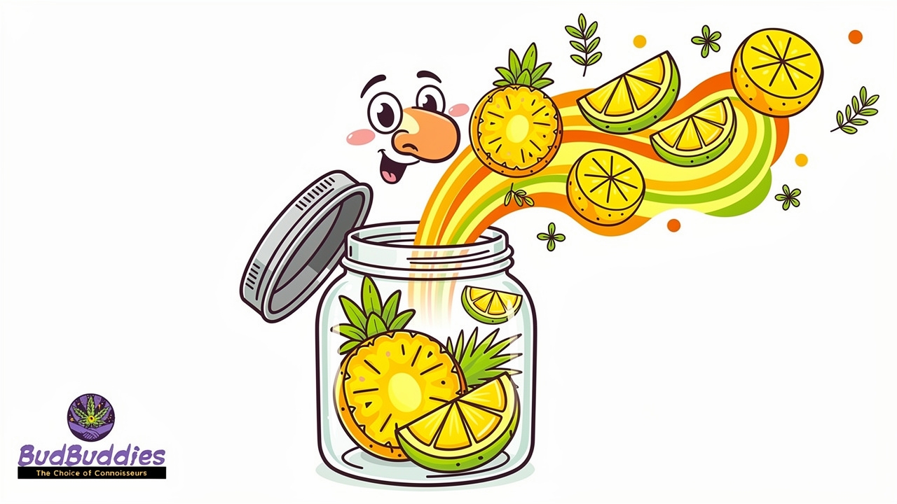 Cartoon jar releasing pineapple scented cannabis aroma