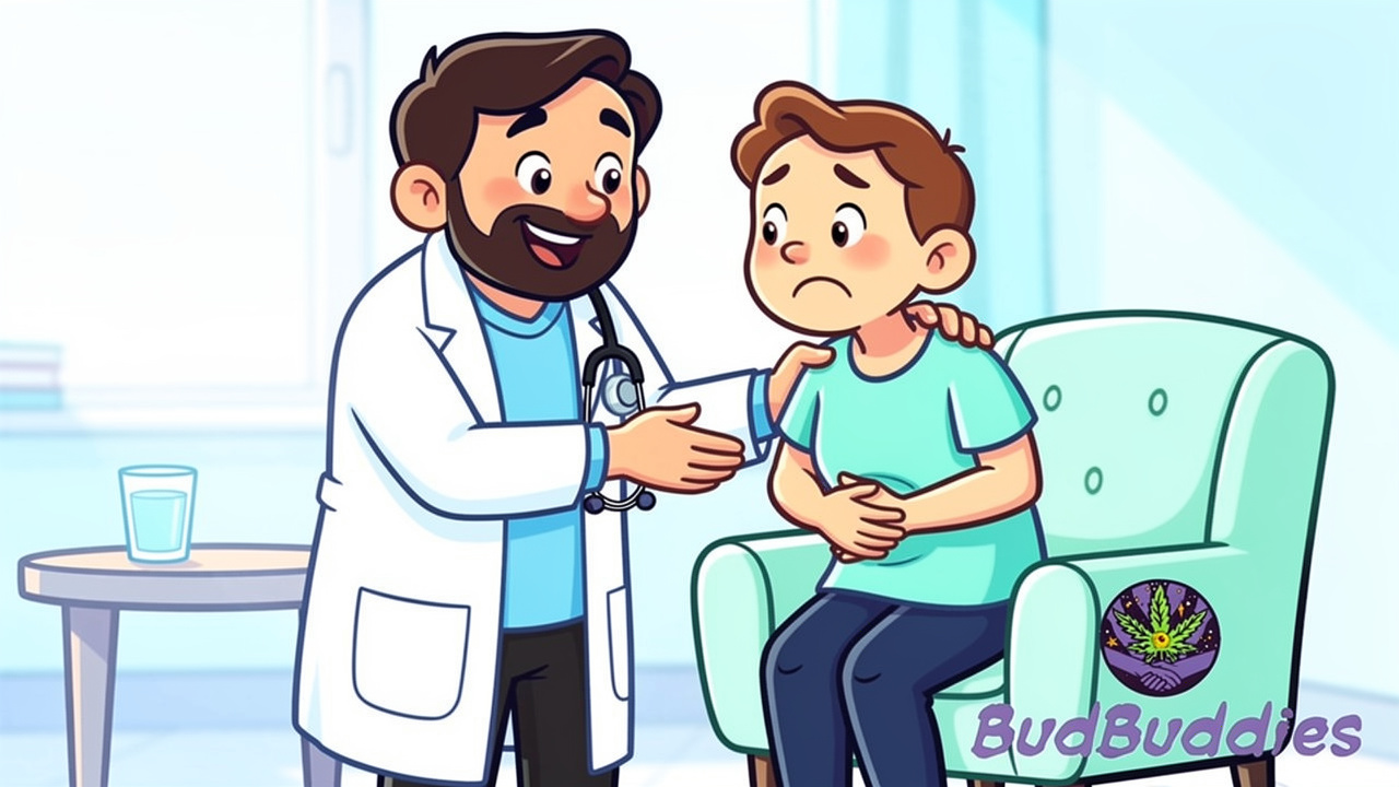 Cartoon doctor reassuring worried patient about nausea