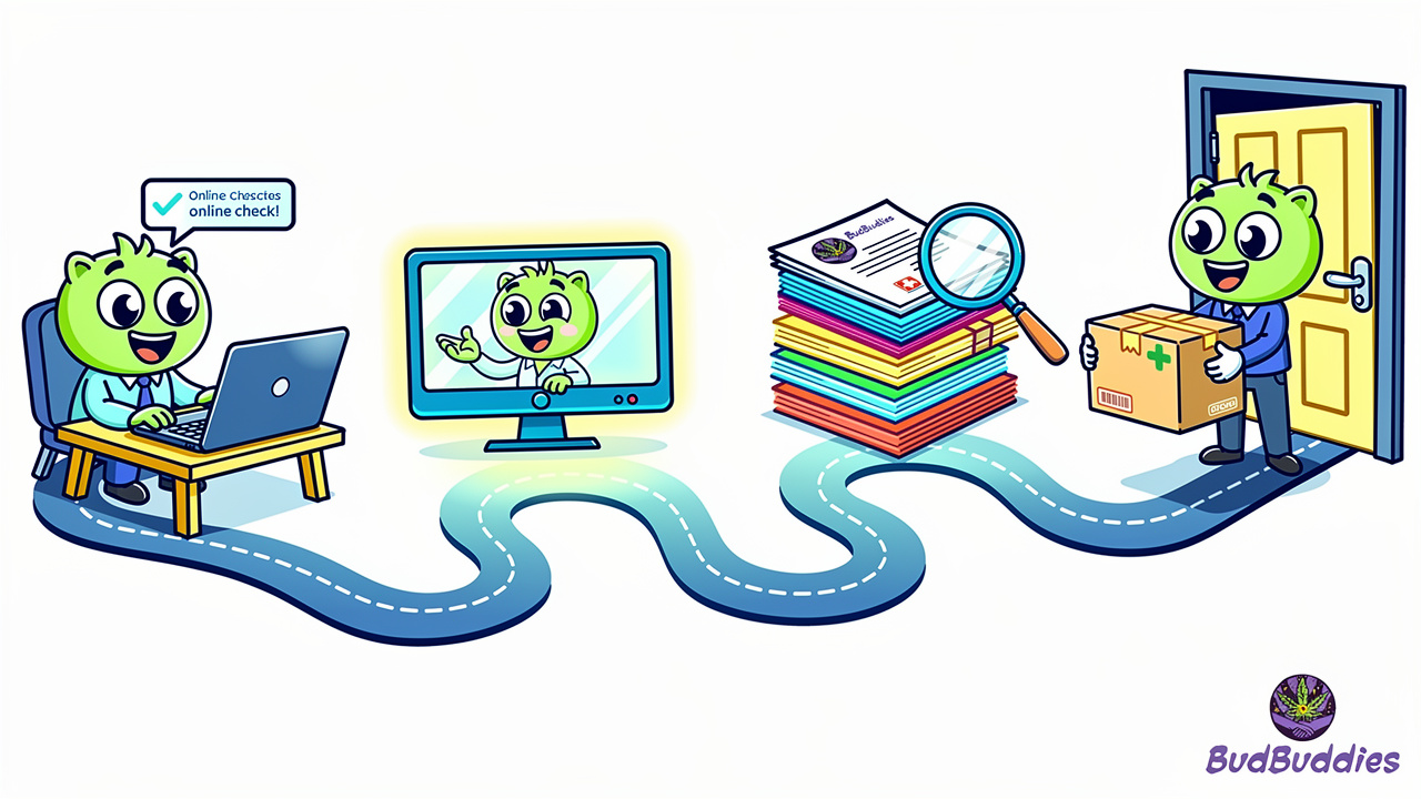 Cartoon diagram showing the medical cannabis assessment process steps
