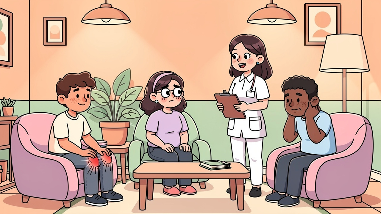 Cartoon patients waiting for medical cannabis consultation