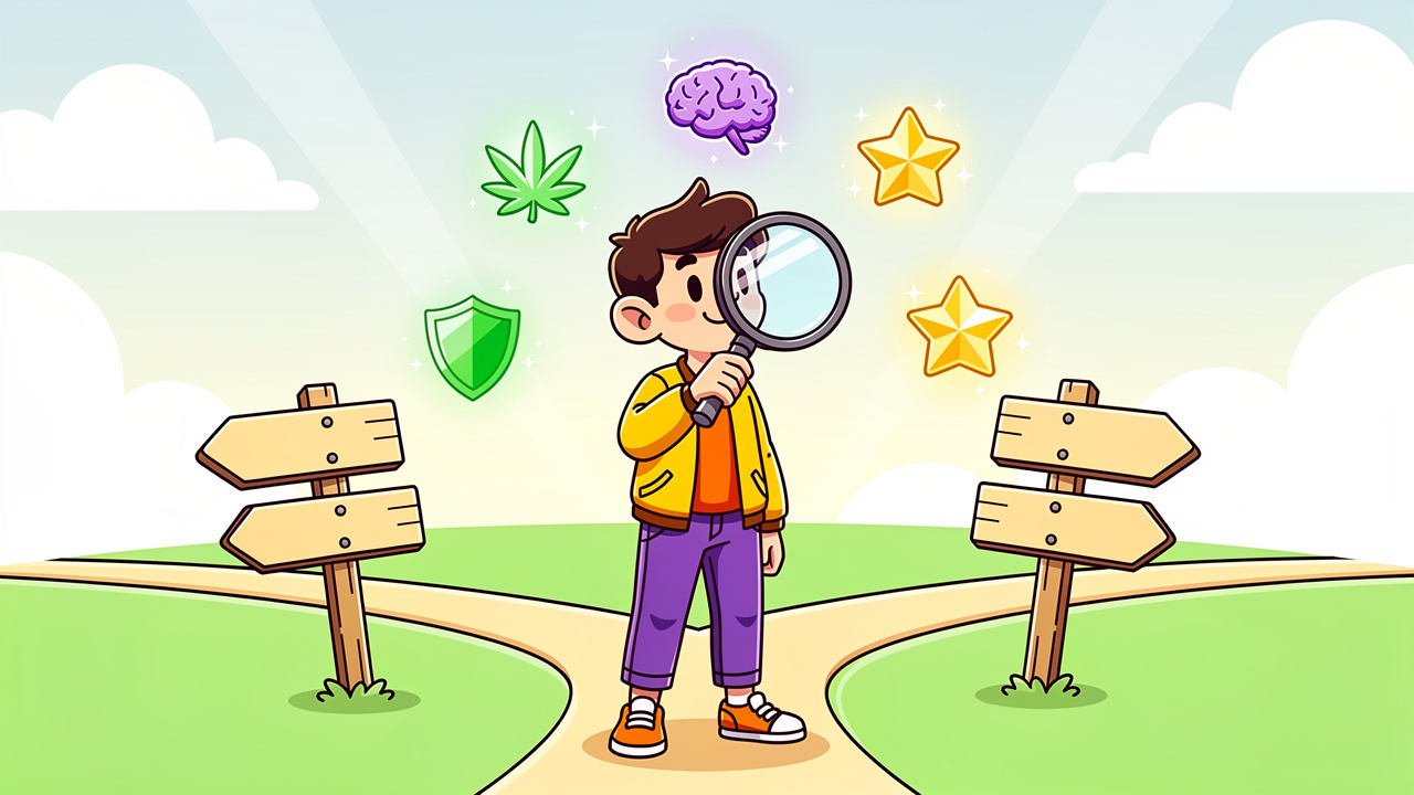 Cartoon character making informed choices about medical cannabis treatment
