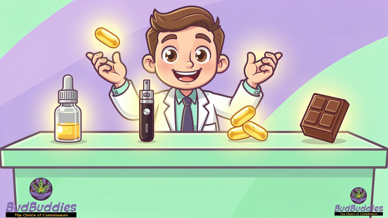 Cartoon pharmacist presenting different cannabis product format options