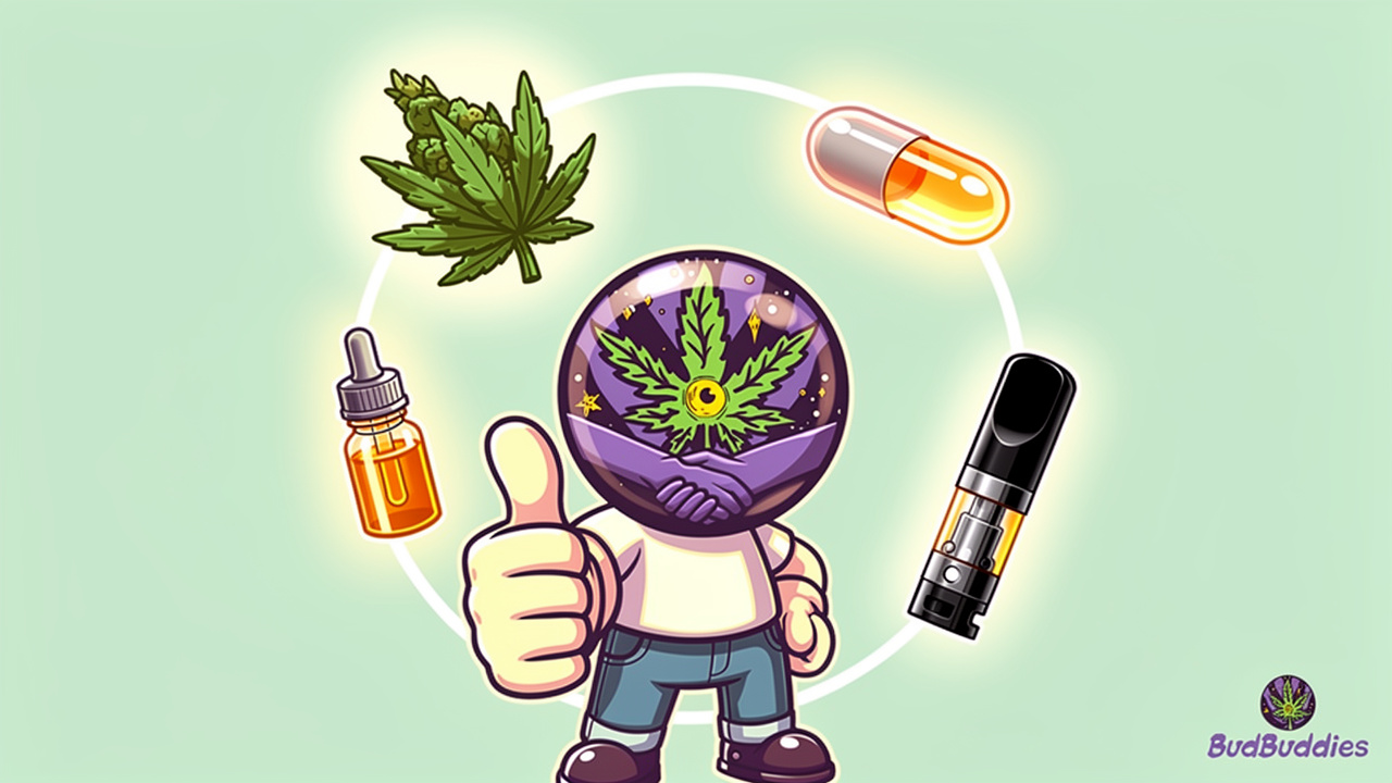 Medical cannabis product formats flower oil capsule vape cartoon