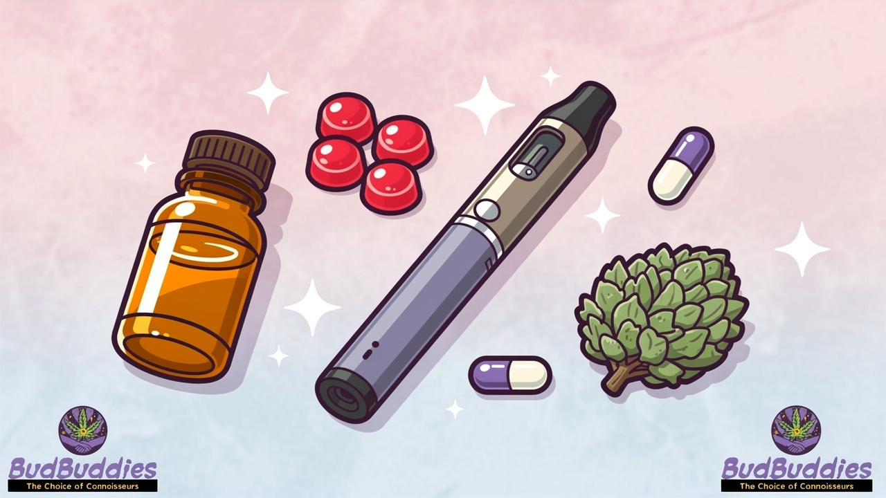 Cartoon medical cannabis product formats oils gummies capsules flower
