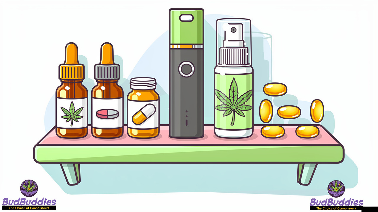 Cartoon illustration of various medical cannabis product formats