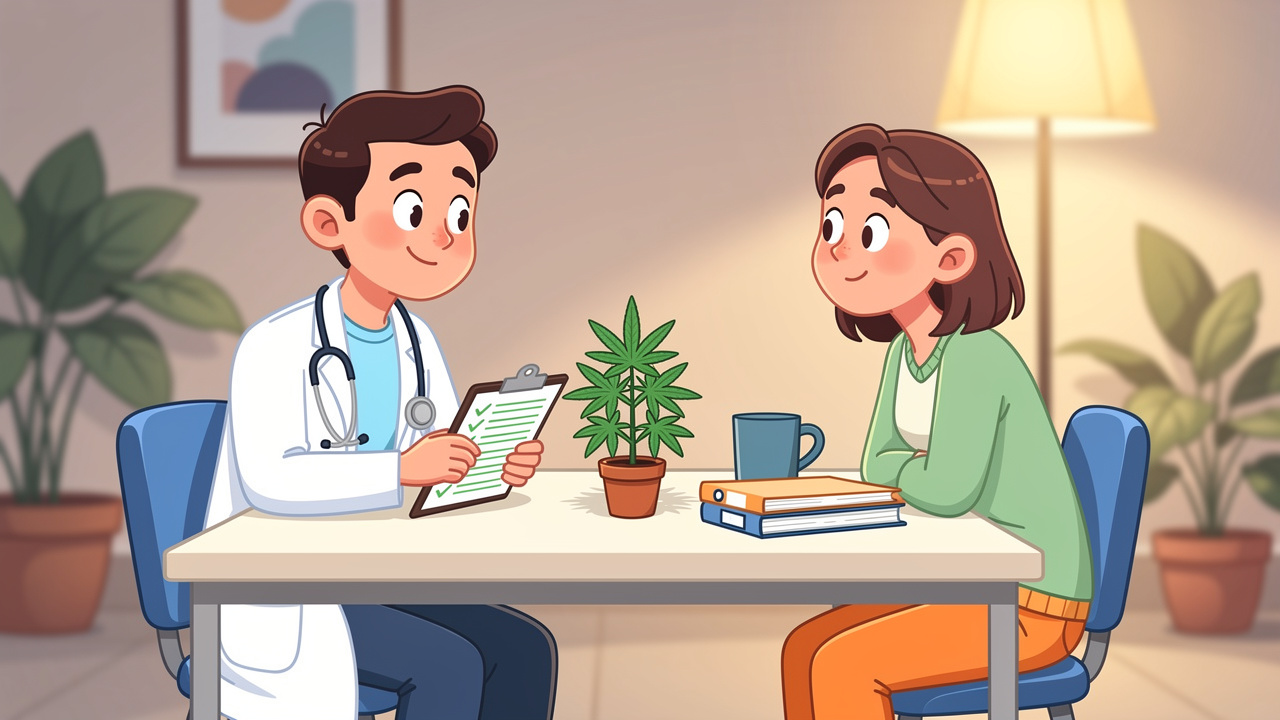 Cartoon doctor and patient discussing medical cannabis access in the UK