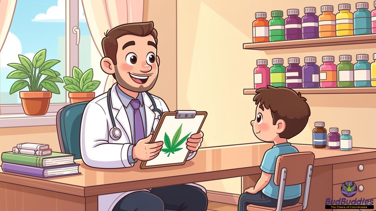 Cartoon doctor discussing medical cannabis prescription with patient