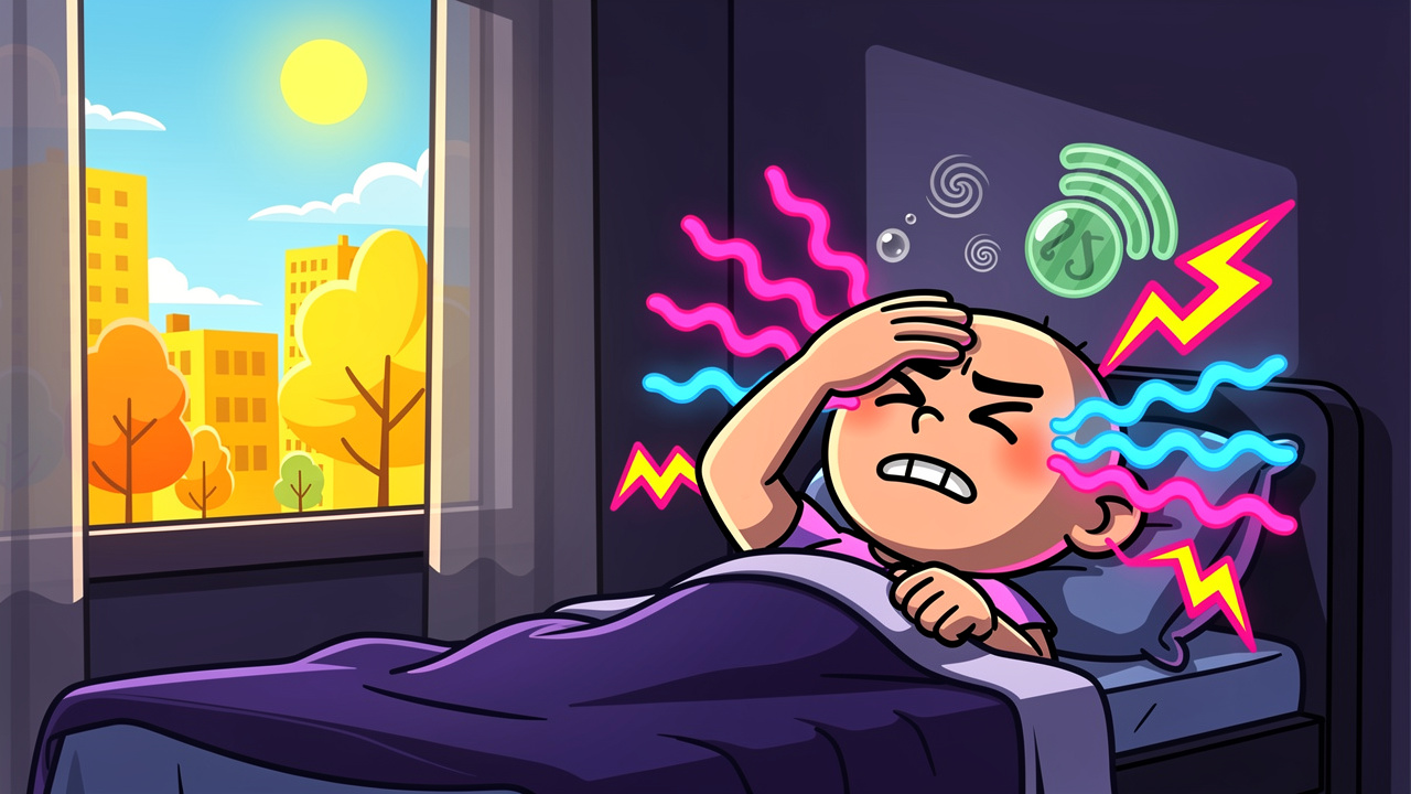 Cartoon person suffering migraine in darkened room