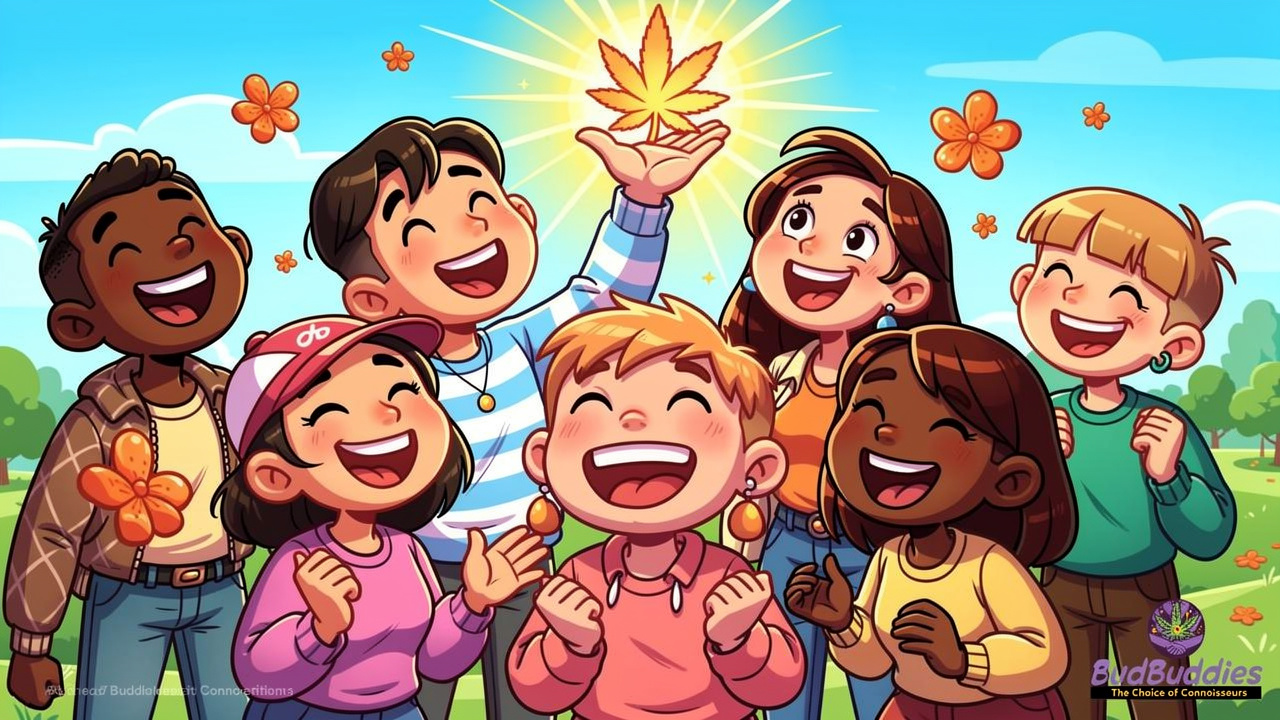 Cartoon friends enjoying an energising social Mimosa strain experience