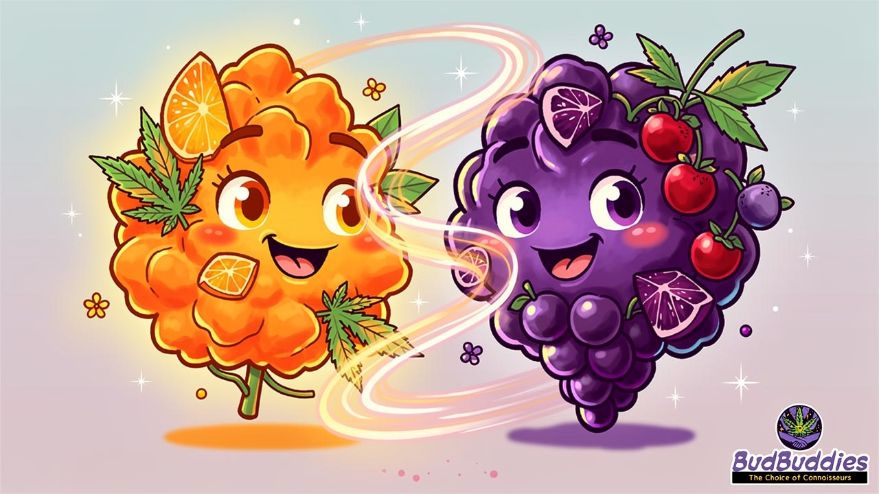 Cartoon characters representing Clementine and Purple Punch genetics