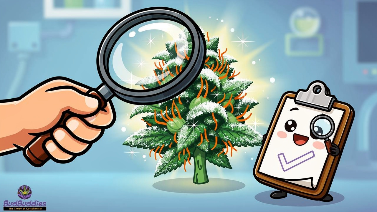 Cartoon magnifying glass inspecting quality Mimosa strain bud