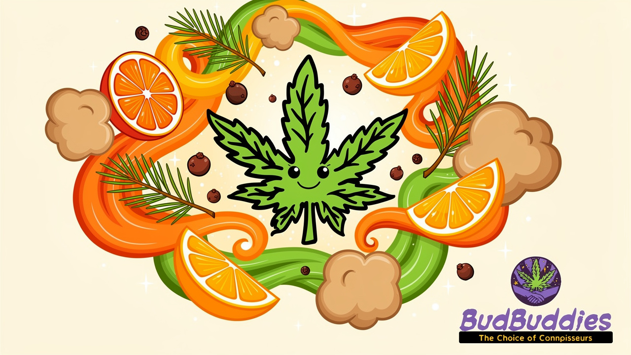 Cartoon depiction of Mimosa strain citrus and earthy aroma