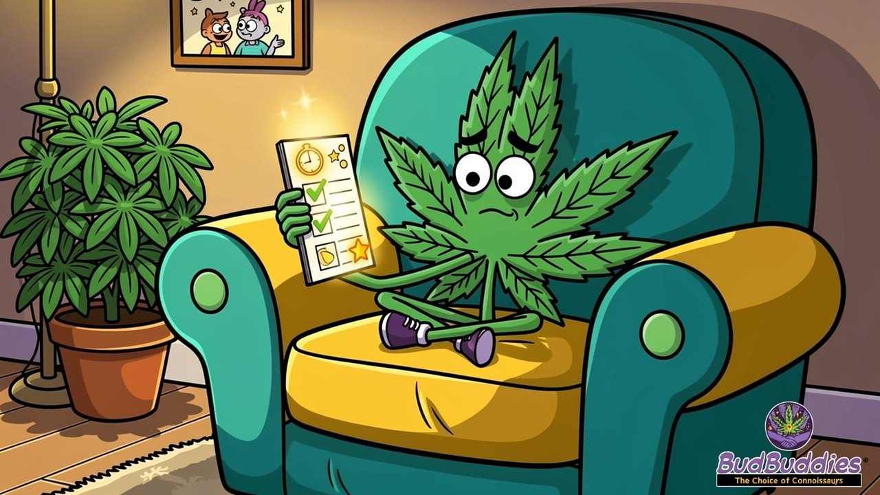 Cartoon cannabis character planning mindful consumption at home