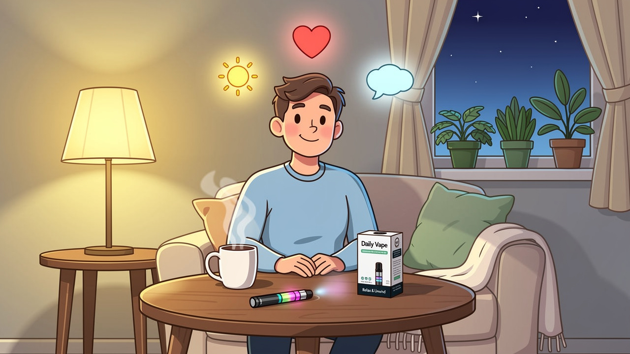 Cartoon person practising mindful cannabis use with tea and products