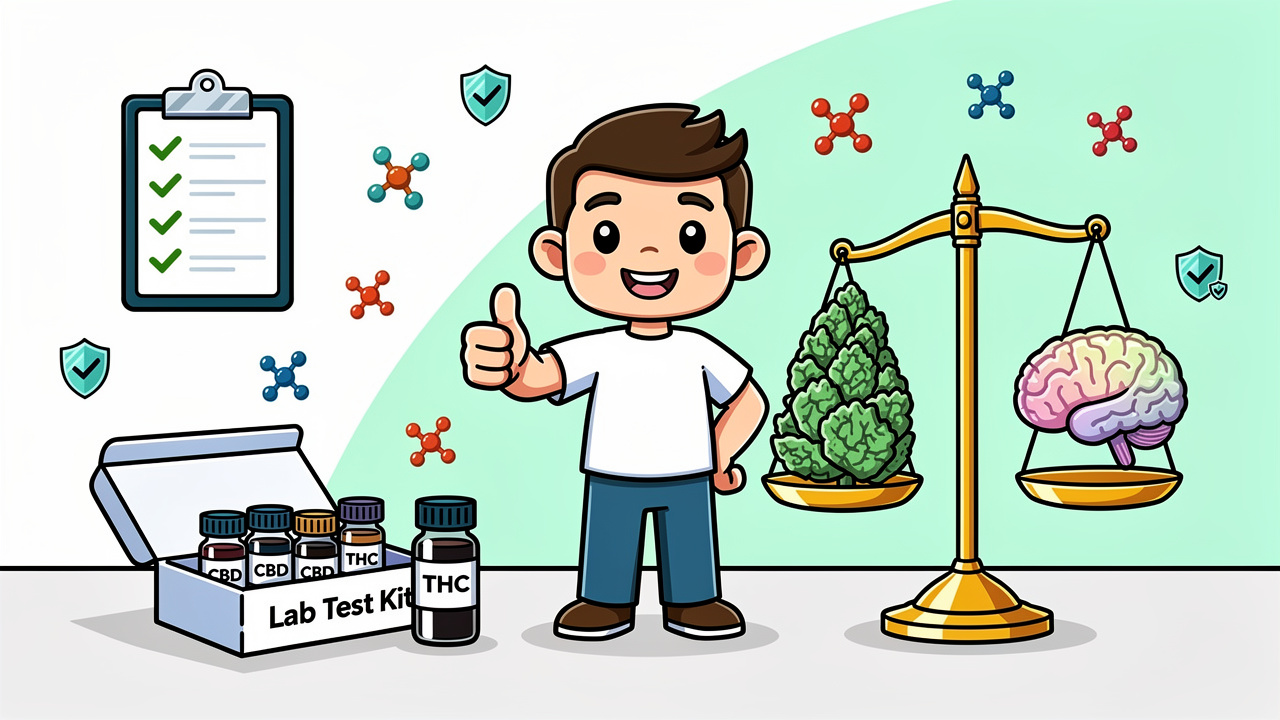 Cartoon character choosing lab-tested cannabis products for safer mindful use
