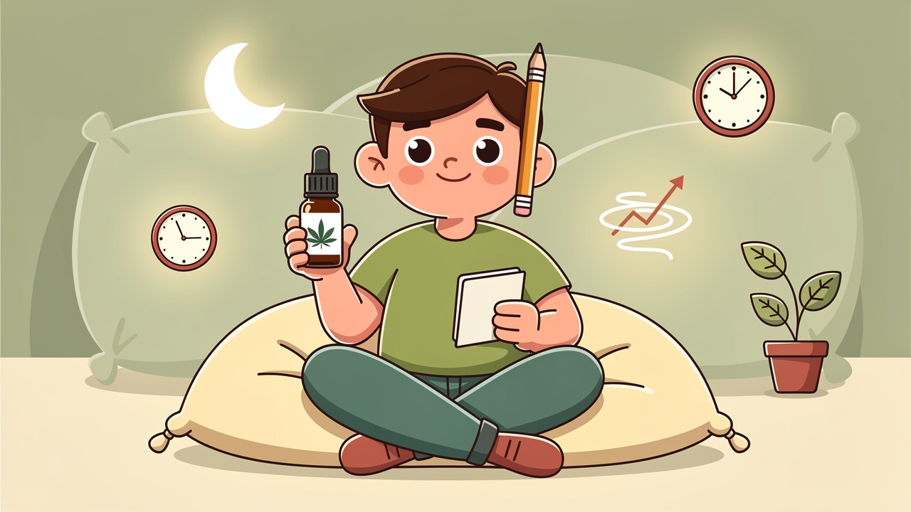 Cartoon character practising mindful cannabis use with mood tracking