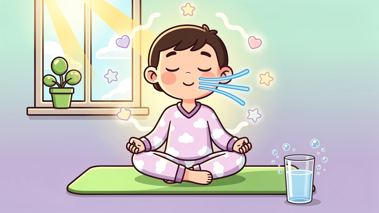 Cartoon character using breathing exercises for morning recovery
