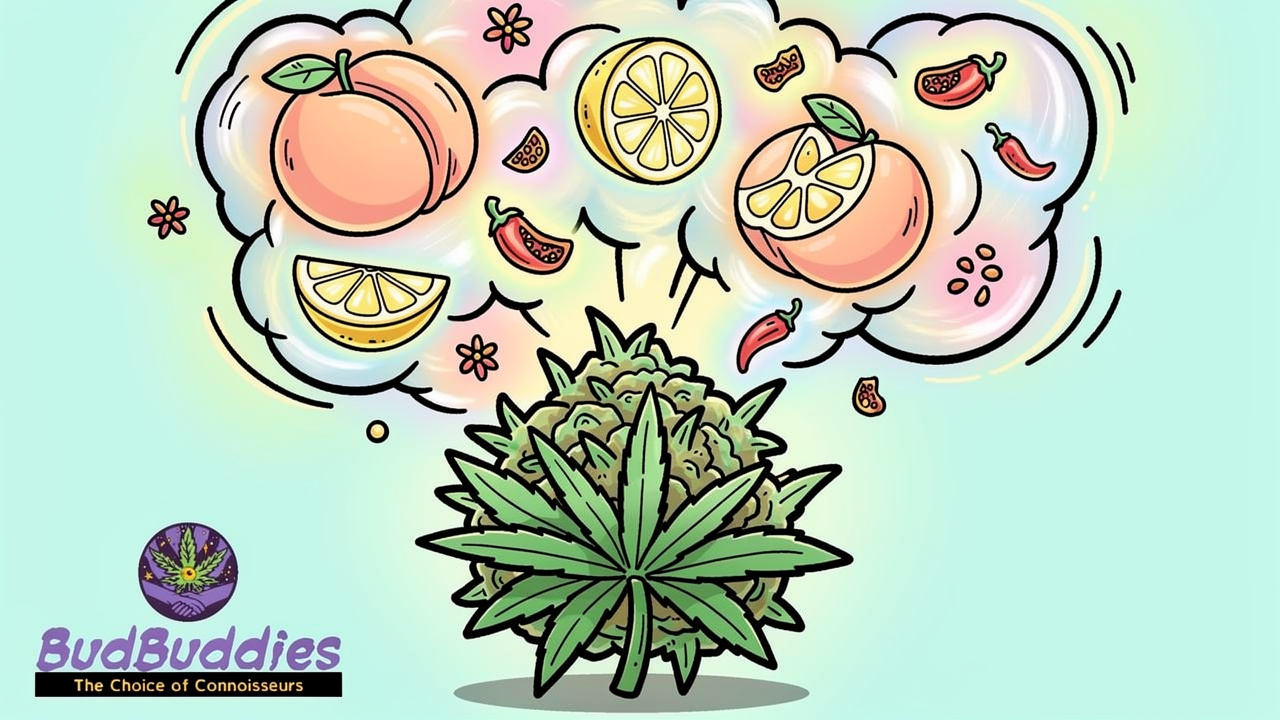 Cartoon depiction of Moroccan Peaches strain fruity aroma terpenes