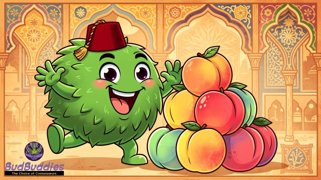 Friendly cartoon bud character representing Moroccan Peaches strain