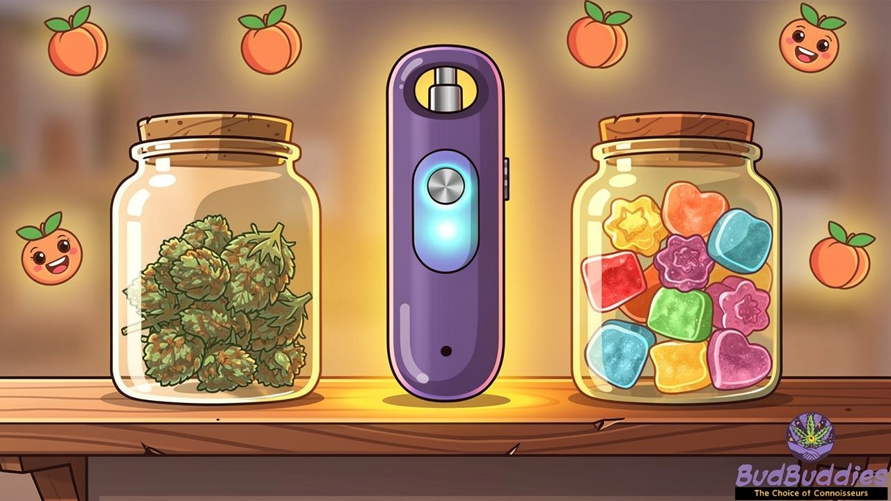Cartoon flower vape and edible formats of Moroccan Peaches strain
