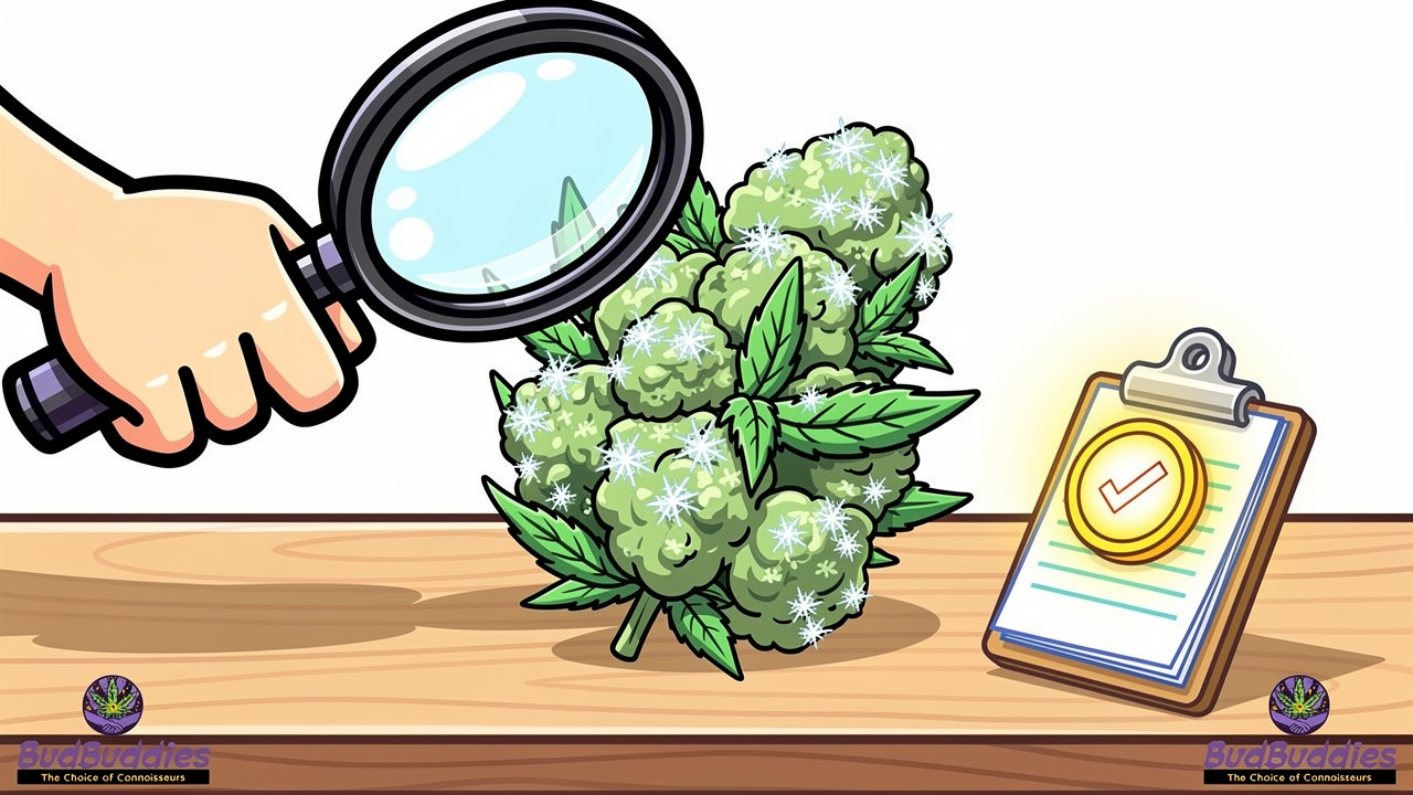Cartoon quality inspection of Moroccan Peaches cannabis buds