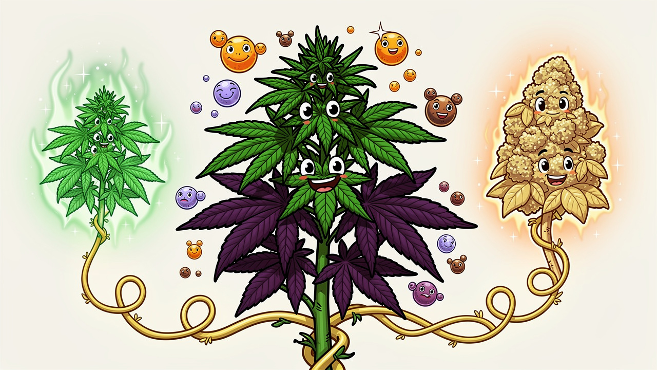 Cartoon illustration of Motorbreath cannabis genetics and terpene profile