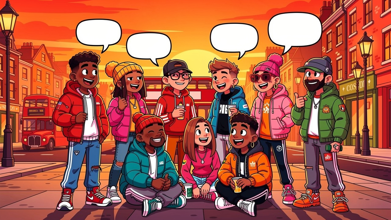Cartoon of diverse young people using British street slang in London
