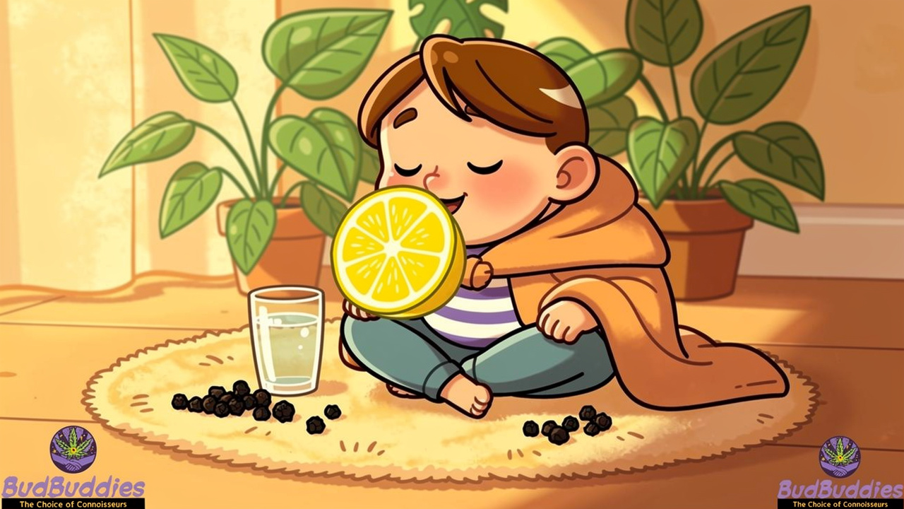 Cartoon character using lemon and pepper to ease cannabis anxiety