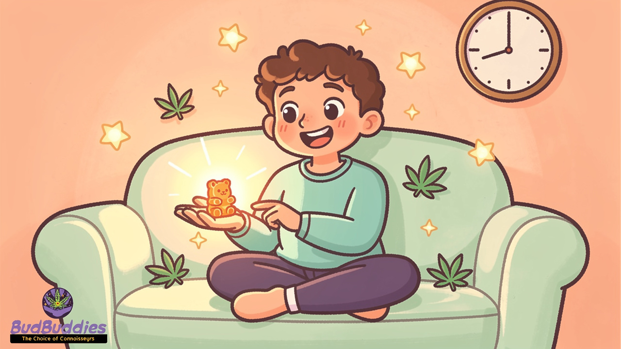 Cartoon newcomer enjoying a low dose THC gummy safely