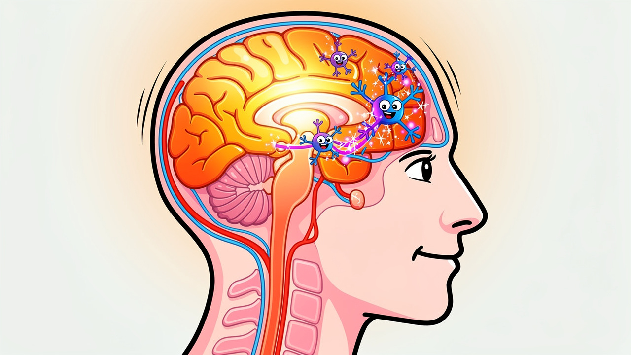 Cartoon brain cross-section with glowing occipital lobe visual cortex