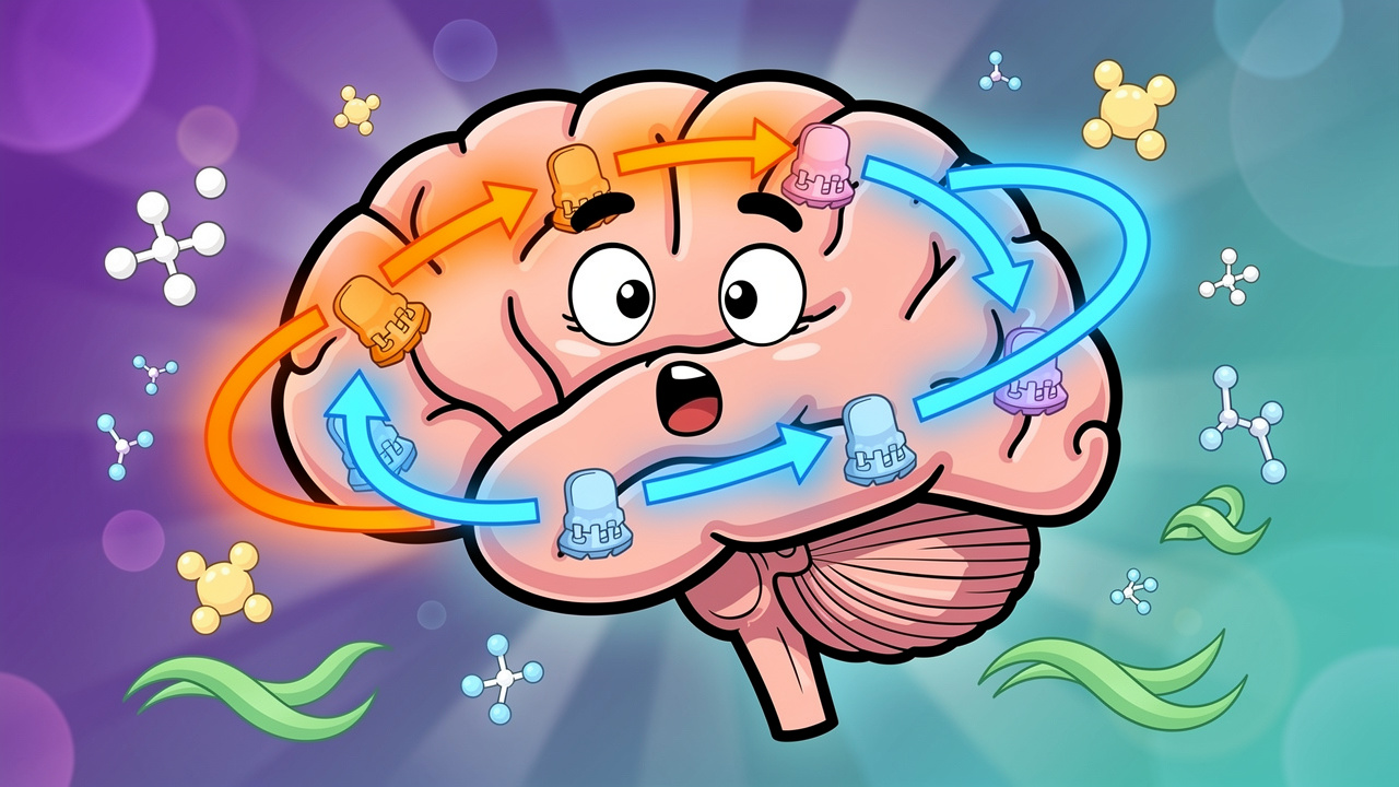 Cartoon brain showing OCD loops and endocannabinoid receptors