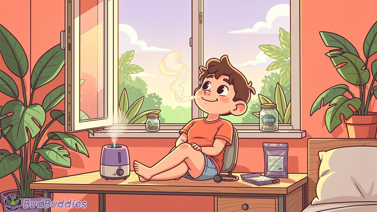 Cartoon character vaping near open window for odour control