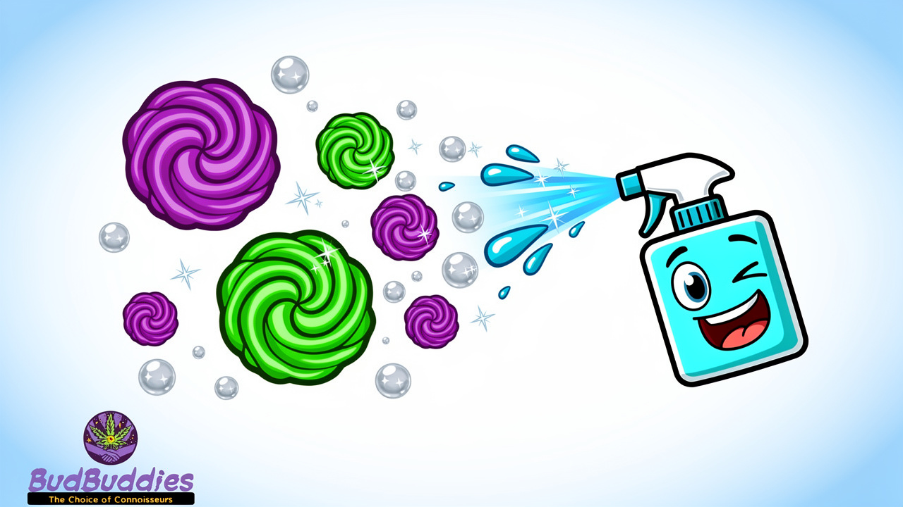 Cartoon diagram of odour molecules being neutralised by spray