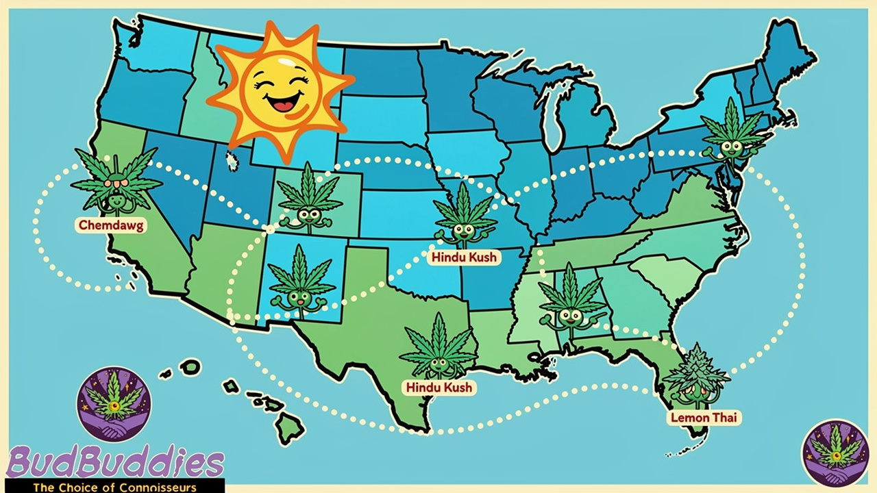 Cartoon map showing OG Kush strain origin story