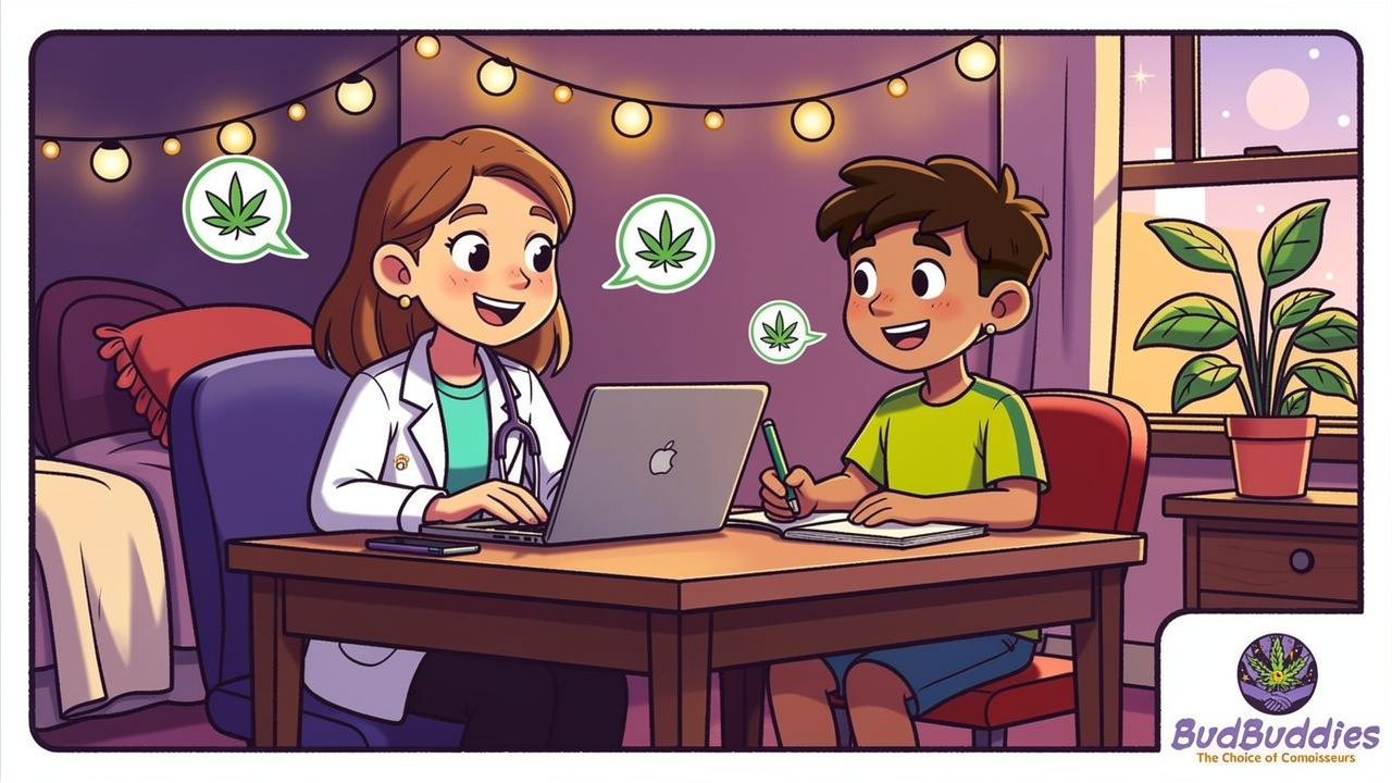 Cartoon student attending online medical cannabis consultation