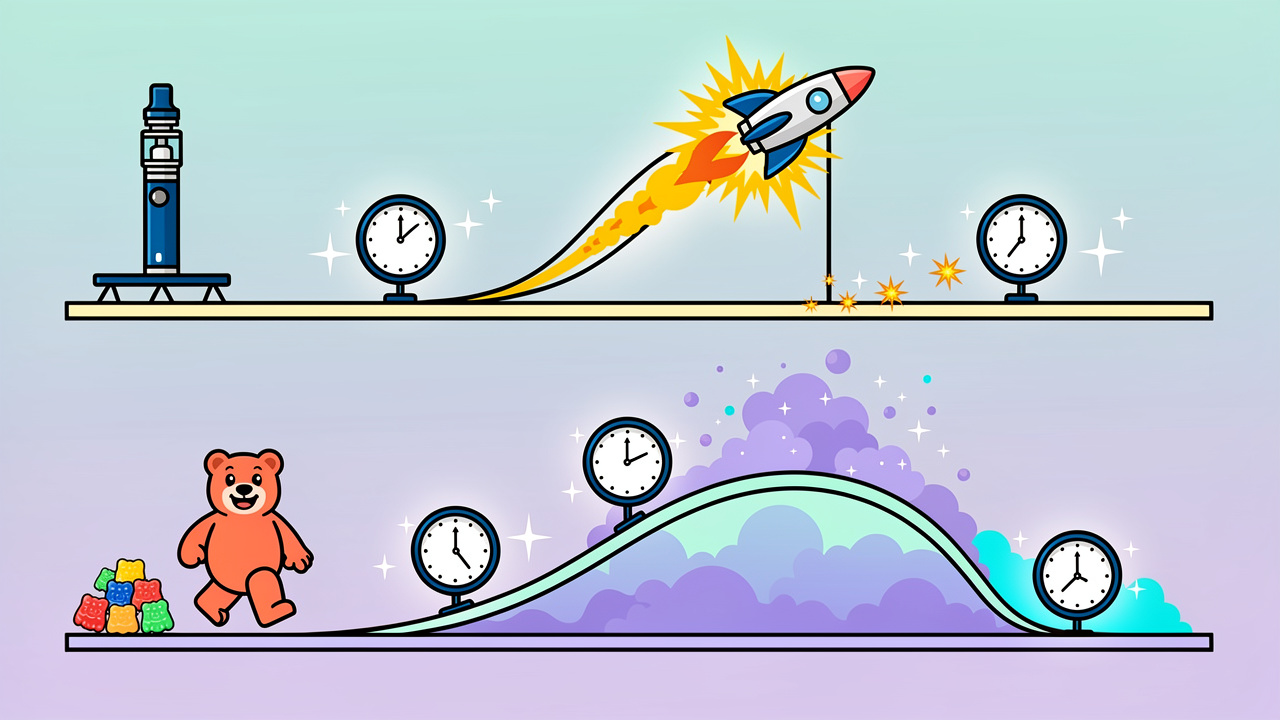 Cartoon timeline comparing vape and edible high onset and duration