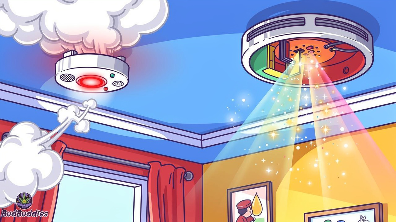 Cartoon diagram of optical smoke alarm detecting vapour particles