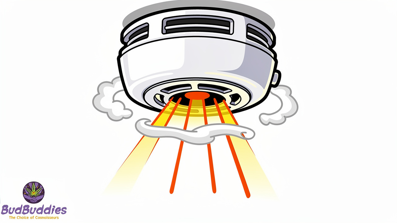 Cartoon smoke detector reacting to smoke and vapour particles