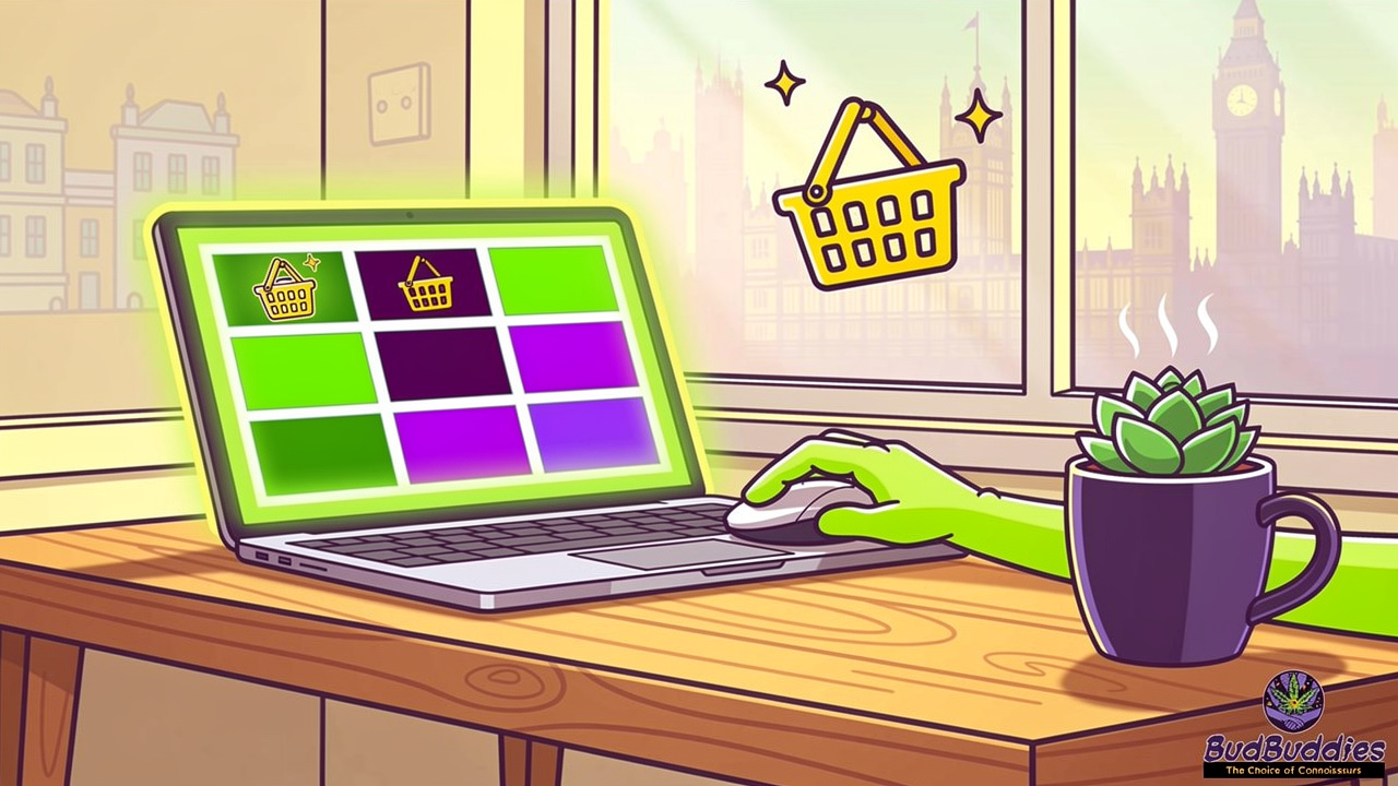 Cartoon character ordering cannabis online with laptop