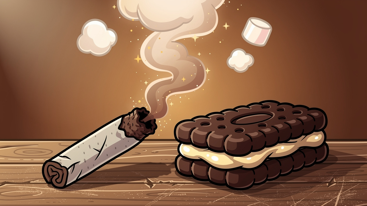 Cartoon cannabis joint beside chocolate biscuit with cream filling