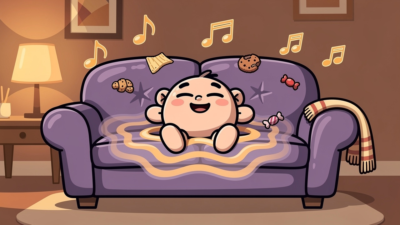 Cartoon character experiencing deep relaxation and couch lock