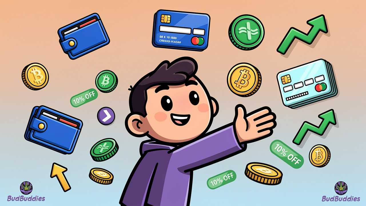 Animated character surrounded by various payment methods and loyalty reward symbols