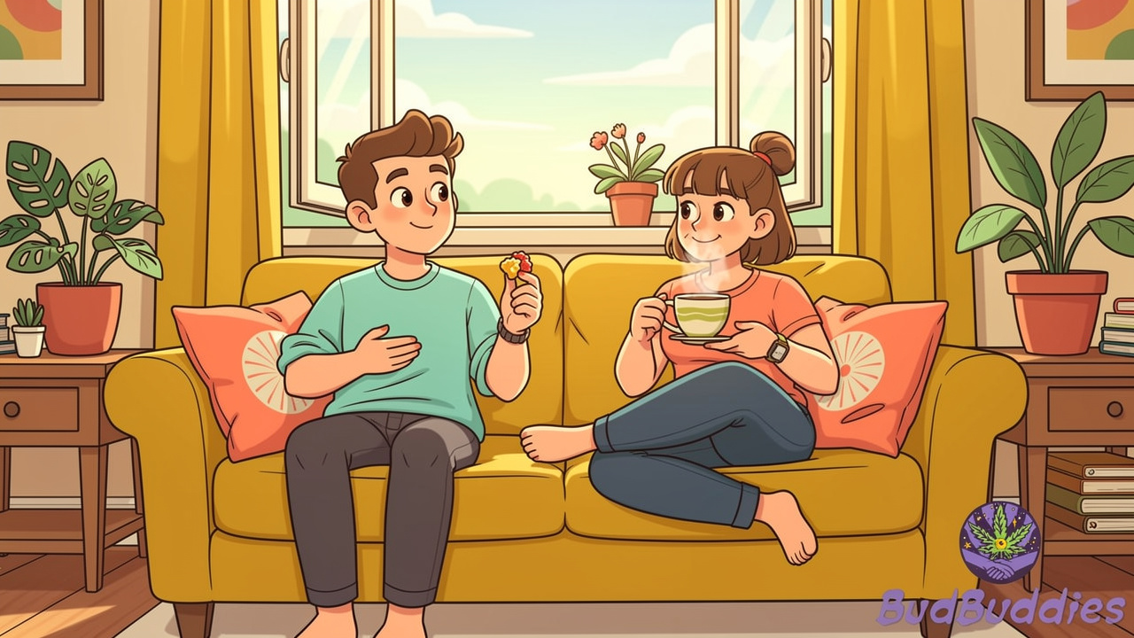 Cartoon flatmates relaxing peacefully together in tidy flat