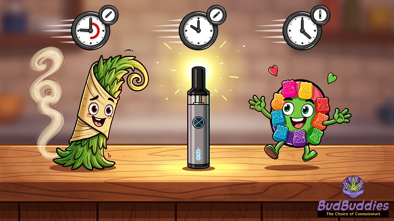 Cartoon comparison of flower, vape and edible formats