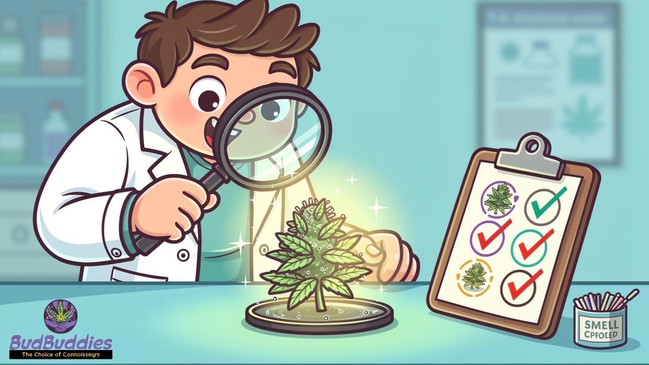 Cartoon scientist inspecting cannabis bud quality markers