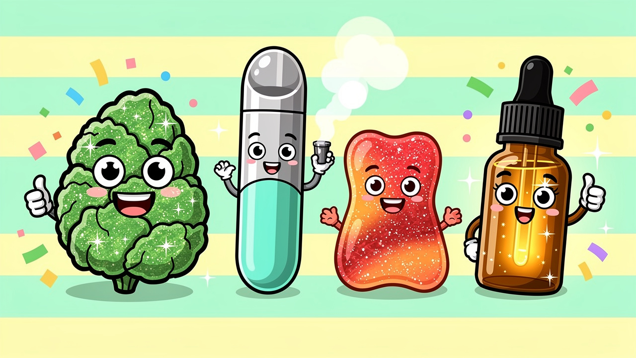 Cartoon showing peng cannabis flower vape edibles and CBD products